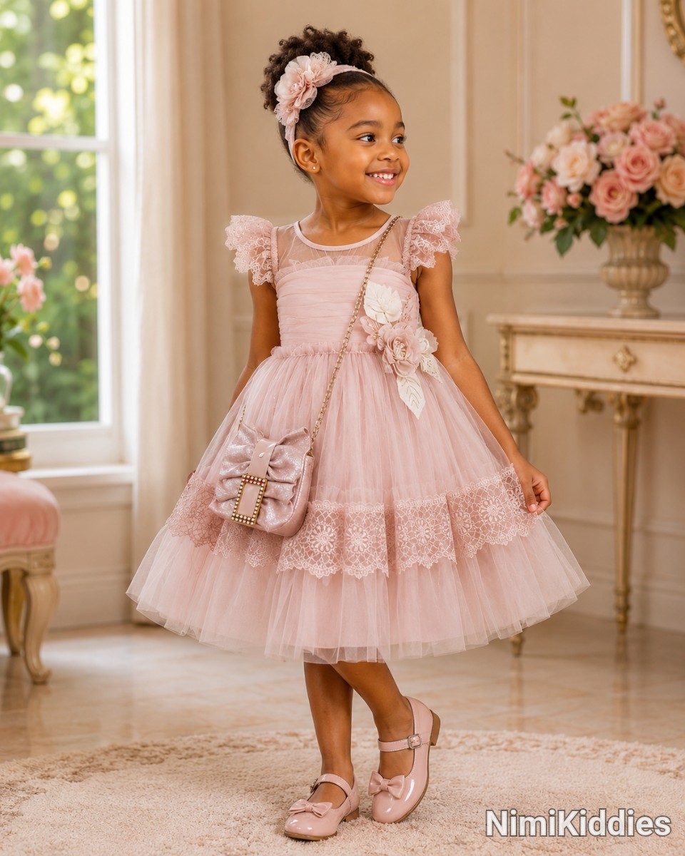Gold Kids Ball Gown Set With Head Band & Hand Bag