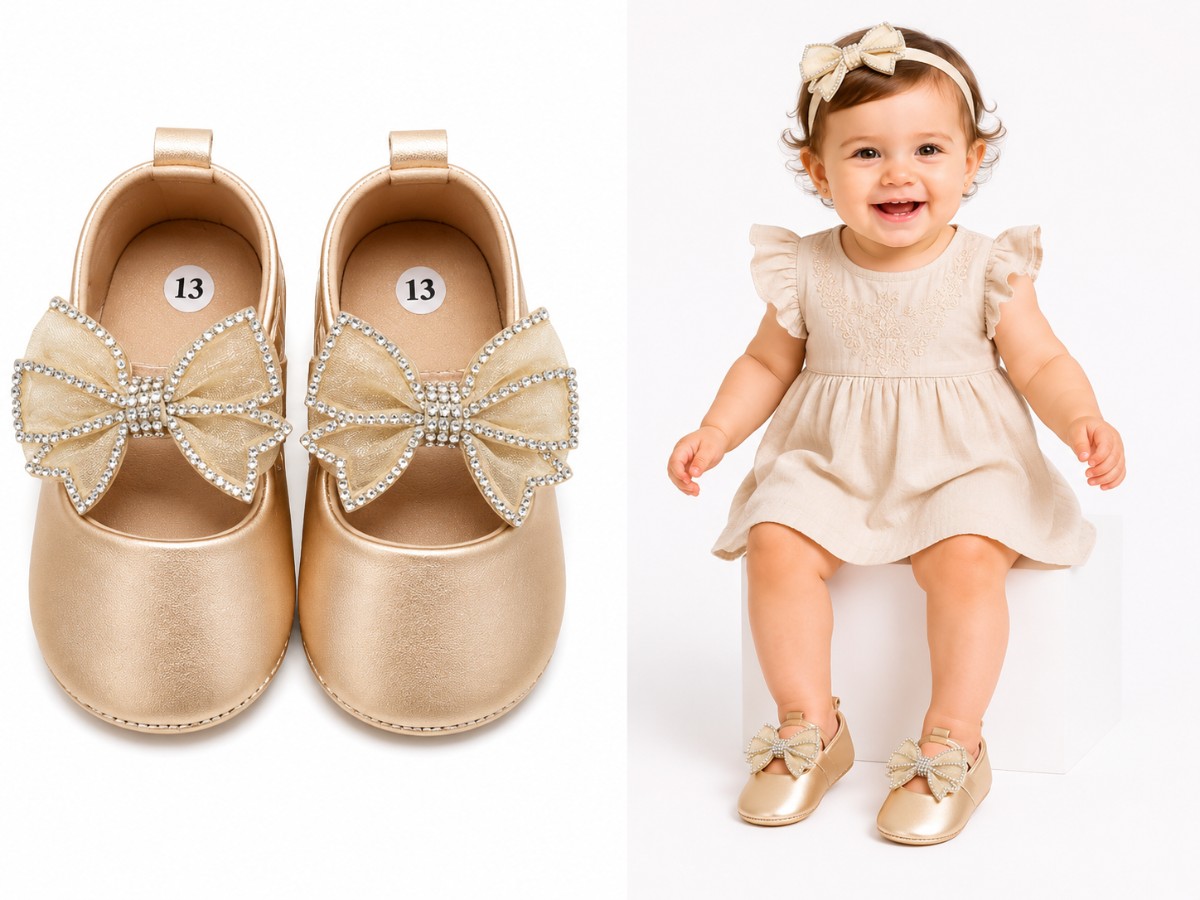 Gold Baby Shoe With Stone Bow