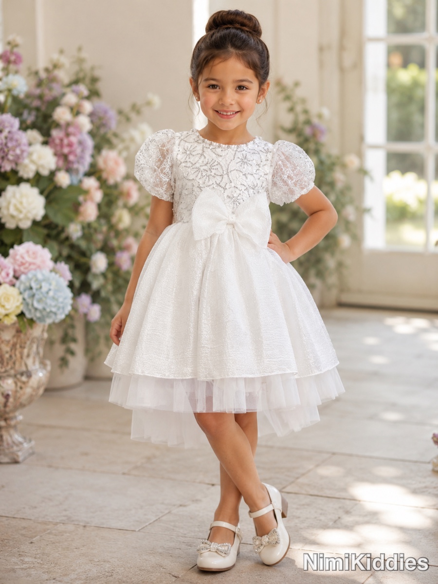 Girls White Gown With Sequence Design.