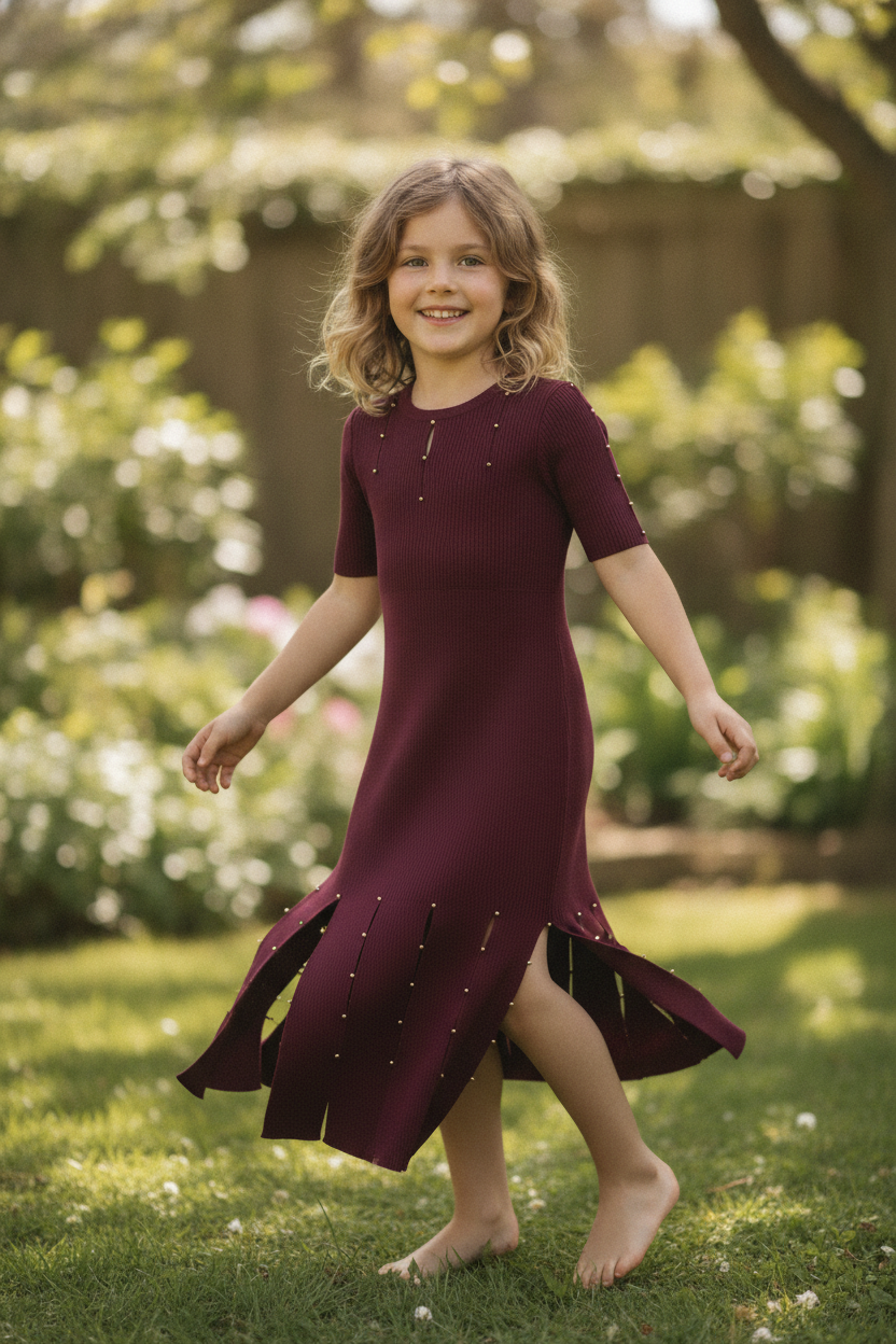 Sandro Paris Fashion Girl's Long Gown With Gold Beads Design