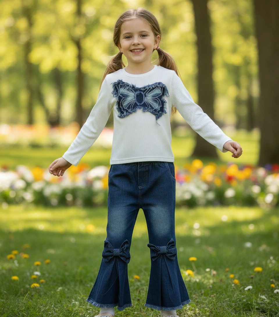 Girls 2 Piece Set (White Top With Jean Trousers).