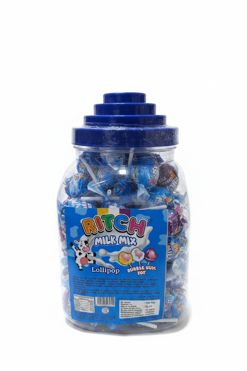 Ritch Milk Mix Lollipop With Bubble Gum Pop.
