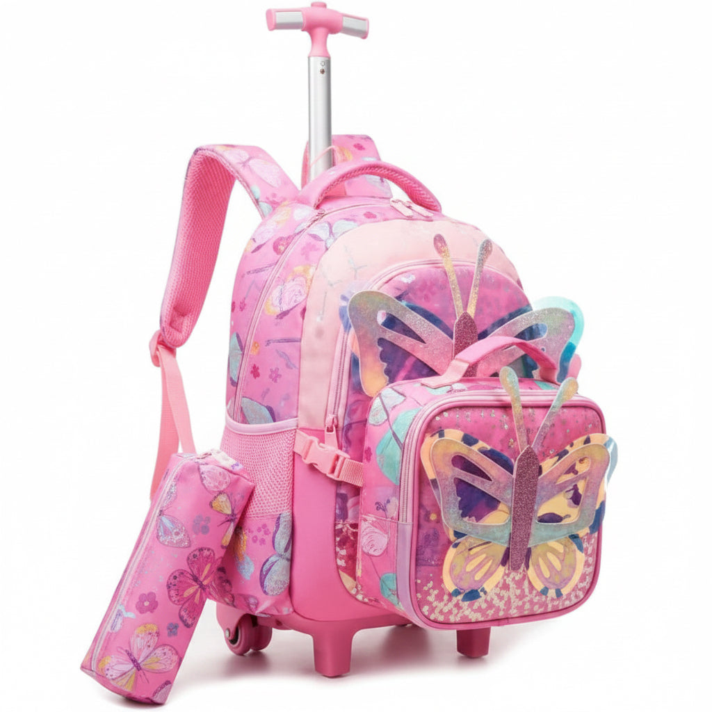 Jasmine Star Pink Butterfly Design Back to School Trolley Bag With Lunch & Pencils Bag