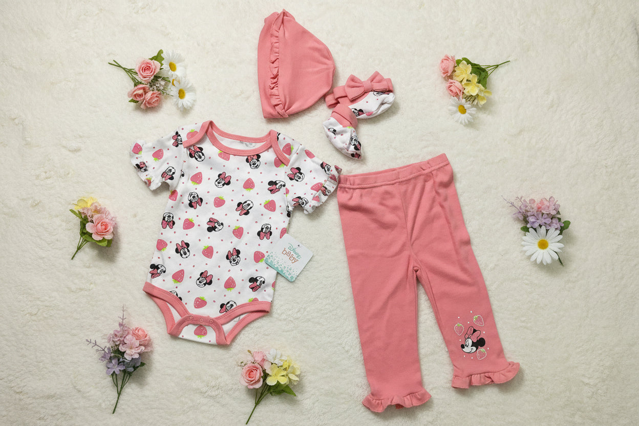 Disney Baby Girl 4 Piece Set Bodysuit,Trousers, Baby cap and Baby Socks.