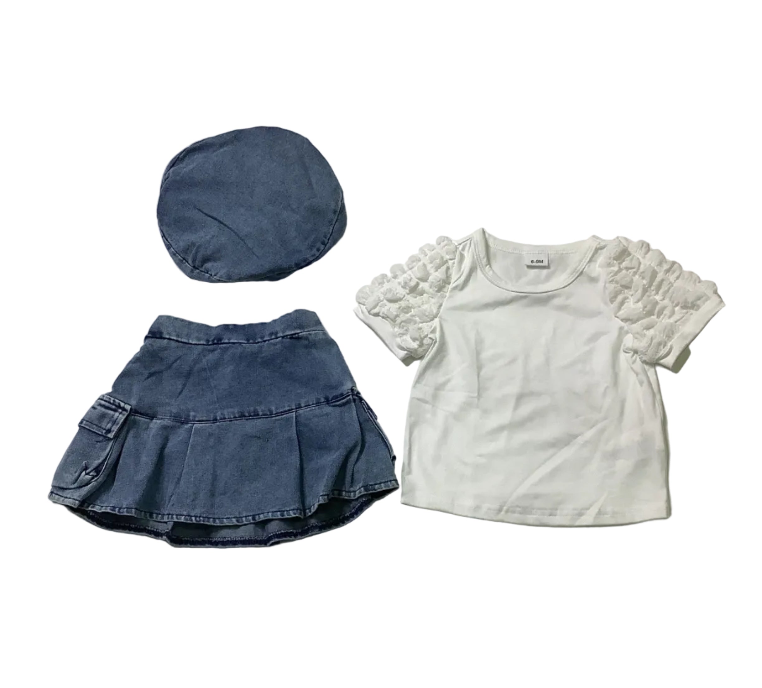 Pugi Baby White Top, Jean Skirt and Cap Girls Set