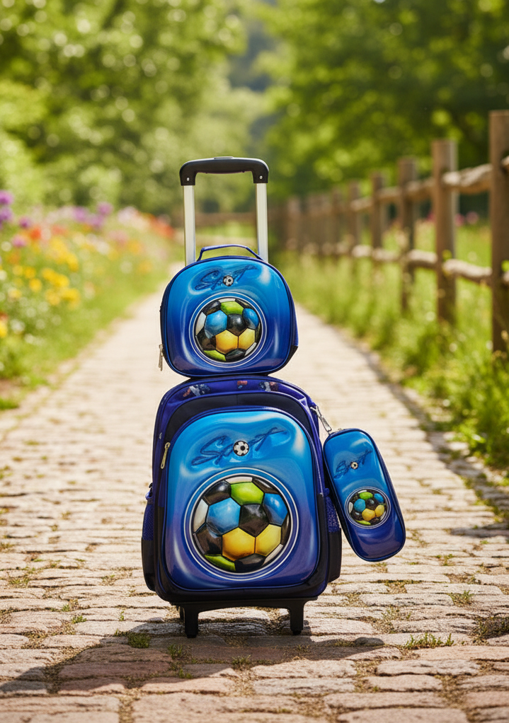 Sport Football Character Back to School Trolley Bag With Lunch & Pencils Bag