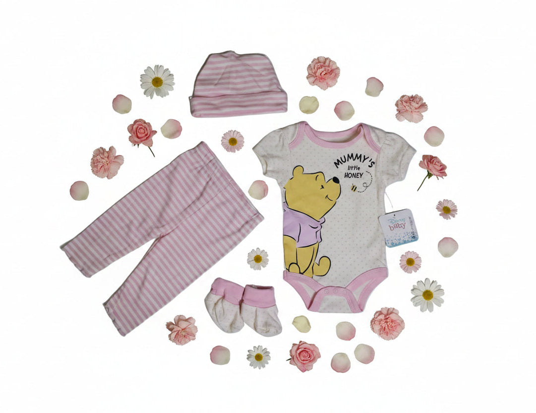 Disney Baby Girl 4 Piece Set Bodysuit,Trousers, Baby cap and Baby Socks.
