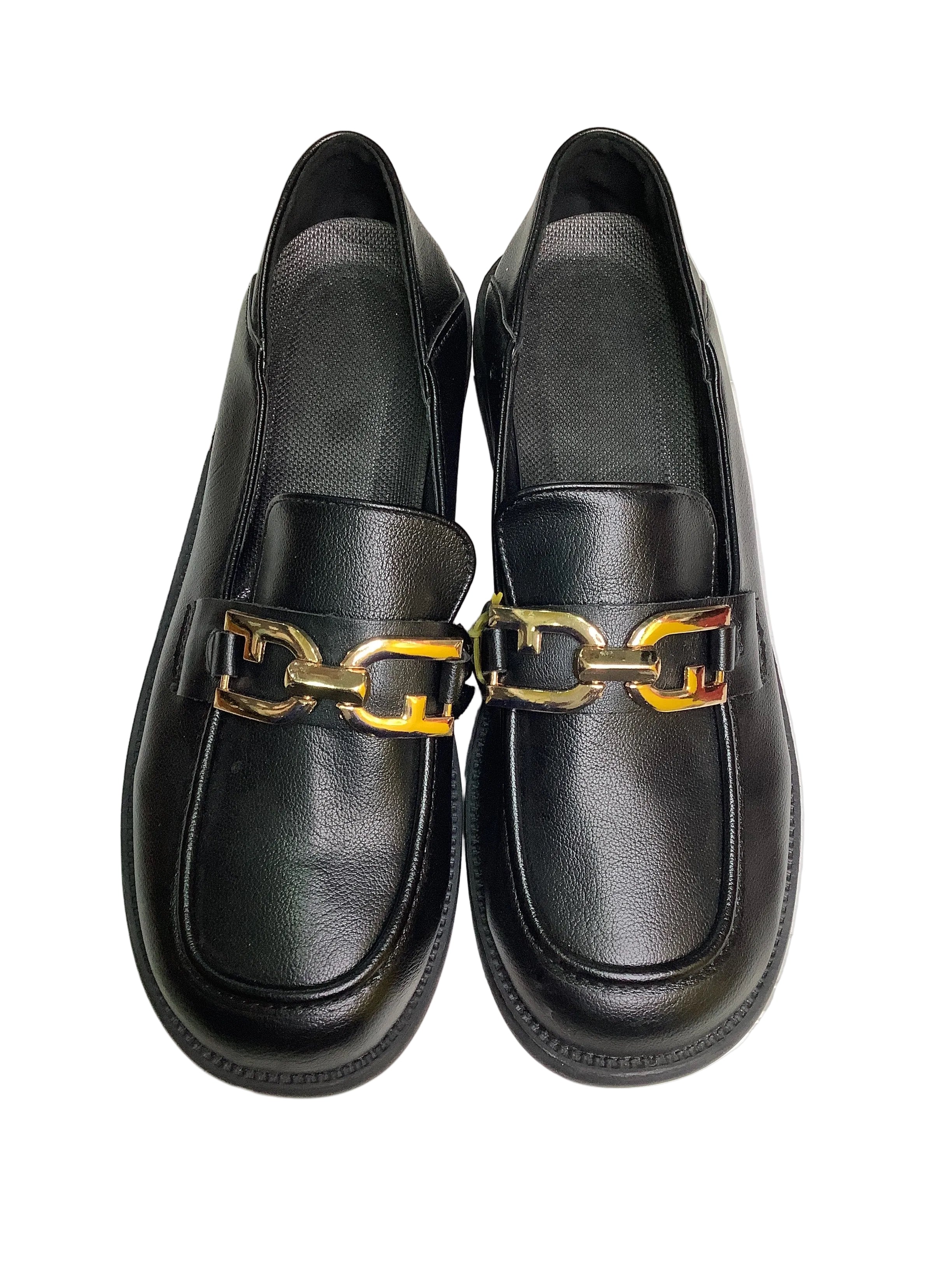 Back To School Black Shoe With Golden Design.