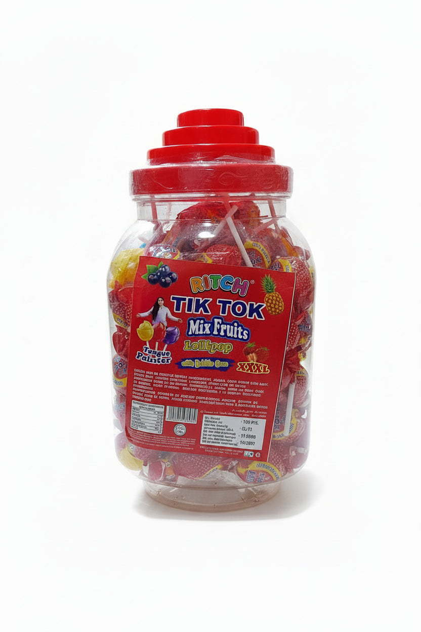 Ritch Milk Mix Fruits Lollipop With Bubble Gum.